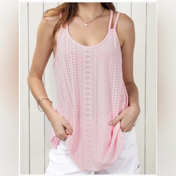 Eyelet Strappy Scoop-Neck Tank Top Light Pink Size Large - Picture 3 of 16